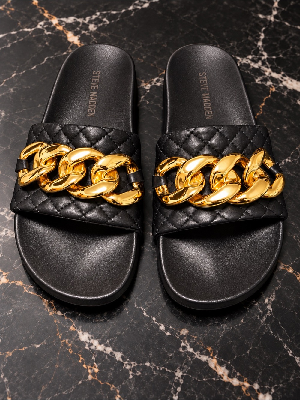 Steve Madden Zoray Women’s Size 7 Black Quilted Gold Chain Slide Sandals